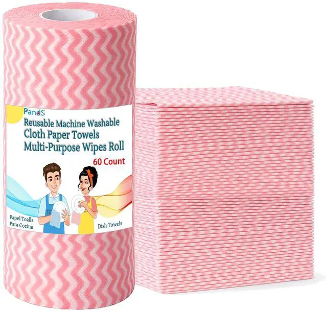 Main image of Reusable Paper Towels Washable, 60 Cts Disposable Cleaning Dish Cloths, Multi-Purpose Kitchen Wipes Roll, Pink