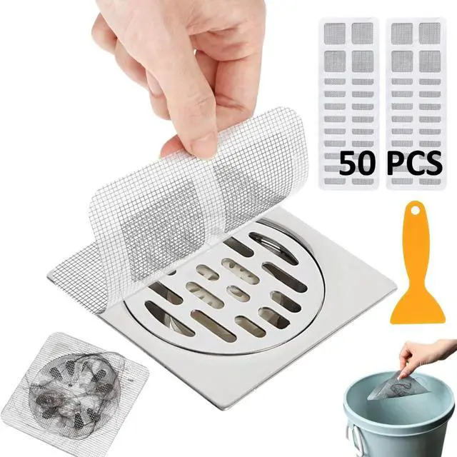 Main image of 50 PCS Disposable Shower Drain Hair Catcher with Scrapper, 3.94 Inches Square Drain Hair Catcher Stickers for Bath & Kitchen, Hair Catcher Shower Drains Cover for Human, Pet Hair, Bathtub & Laundry
