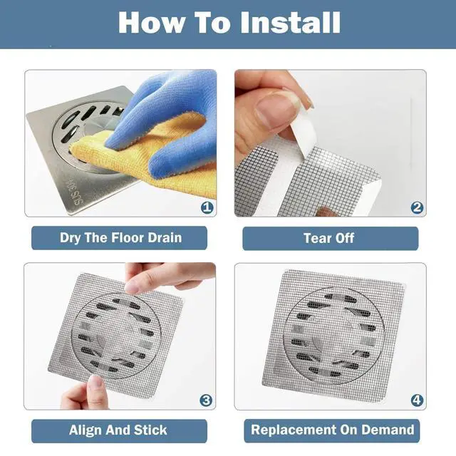 Alt view image 5 of 7 - 50 PCS Disposable Shower Drain Hair Catcher with Scrapper, 3.94 Inches Square Drain Hair Catcher Stickers for Bath & Kitchen, Hair Catcher Shower Drains Cover for Human, Pet Hair, Bathtub & Laundry