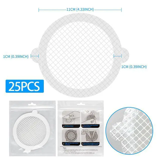 Alt view image 2 of 7 - 25pcs Disposable Shower Drain Hair Catcher Hair Trap for Shower Drain Mesh Stickers Shower Strainer for Bathroom Tub Kitchen Sink Shower Drain Cover Hair Stopper (White 25)