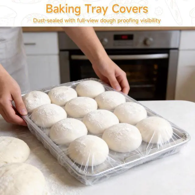 Alt view image 2 of 7 - 100 PCS Extra Large Plastic Bowl Covers With Storage Bag, Elastic Food Cover Stretch for Half Sheet Pans, Baking Trays, Bowls up to 20", Bowl Covers for Bread Proofing Food Fresh Keeping