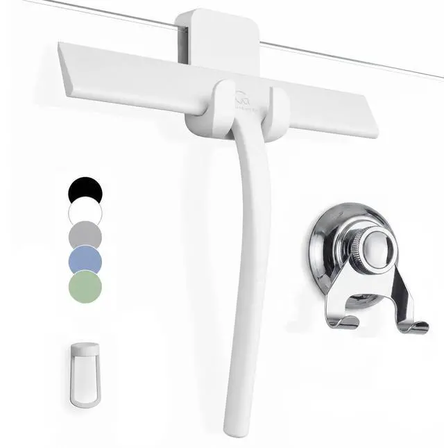 Main image of Silicone Shower Squeegee for Glass Doors & Mirrors with Stainless Steel Core, Streak-Free & No-Squeak Window Cleaning, 3-in-1 No-Drill Mount (Hook/Suction/Adhesive),White, 9 Inches