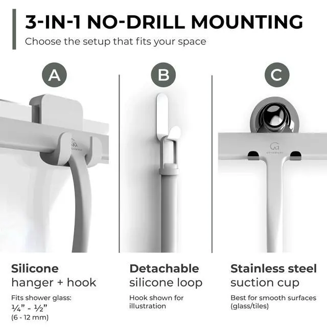 Alt view image 3 of 7 - Silicone Shower Squeegee for Glass Doors & Mirrors with Stainless Steel Core, Streak-Free & No-Squeak Window Cleaning, 3-in-1 No-Drill Mount (Hook/Suction/Adhesive),White, 9 Inches