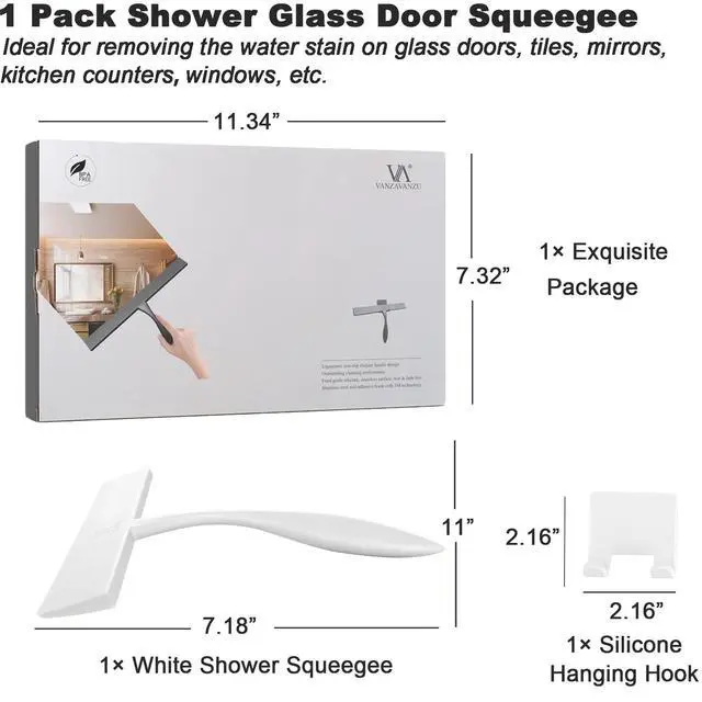 Alt view image 3 of 7 - Shower Squeegee for Glass Doors, 11-Inch Silicone Squeegee with Non-Slip Handle and Adhesive Hook for Bathroom, Mirror, Tile, Car Window (White)