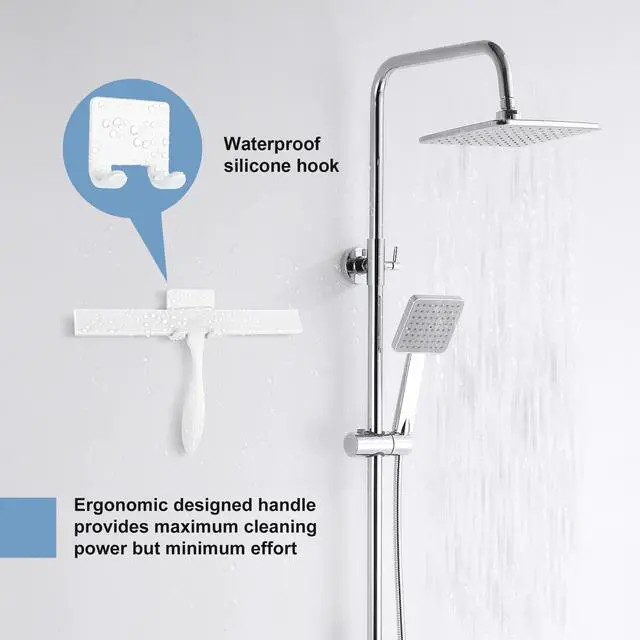 Alt view image 6 of 7 - Shower Squeegee for Glass Doors, 11-Inch Silicone Squeegee with Non-Slip Handle and Adhesive Hook for Bathroom, Mirror, Tile, Car Window (White)