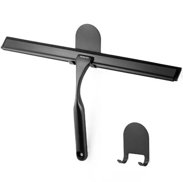 Main image of Shower Squeegee for Glass Doors Stainless Steel Squeegee with Adhesive Hooks - Window, Floor & Car Squeegee, Multi-Purpose Bathroom, Mirror & Tile Cleaner - Bathroom Essentials - Black 12"