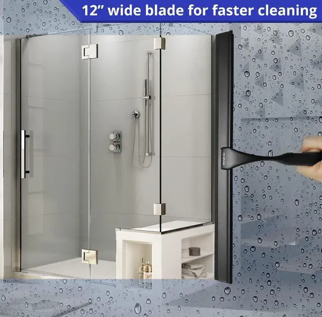 Alt view image 2 of 7 - Shower Squeegee for Glass Doors Stainless Steel Squeegee with Adhesive Hooks - Window, Floor & Car Squeegee, Multi-Purpose Bathroom, Mirror & Tile Cleaner - Bathroom Essentials - Black 12"