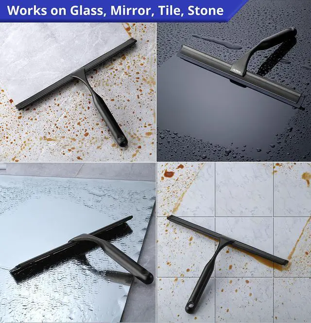 Alt view image 4 of 7 - Shower Squeegee for Glass Doors Stainless Steel Squeegee with Adhesive Hooks - Window, Floor & Car Squeegee, Multi-Purpose Bathroom, Mirror & Tile Cleaner - Bathroom Essentials - Black 12"