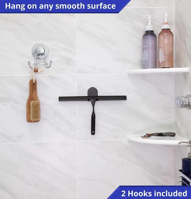 Alt view image 5 of 7 - Shower Squeegee for Glass Doors Stainless Steel Squeegee with Adhesive Hooks - Window, Floor & Car Squeegee, Multi-Purpose Bathroom, Mirror & Tile Cleaner - Bathroom Essentials - Black 12"