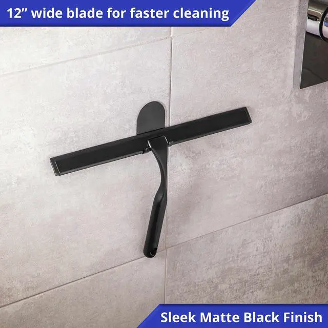 Alt view image 7 of 7 - Shower Squeegee for Glass Doors Stainless Steel Squeegee with Adhesive Hooks - Window, Floor & Car Squeegee, Multi-Purpose Bathroom, Mirror & Tile Cleaner - Bathroom Essentials - Black 12"