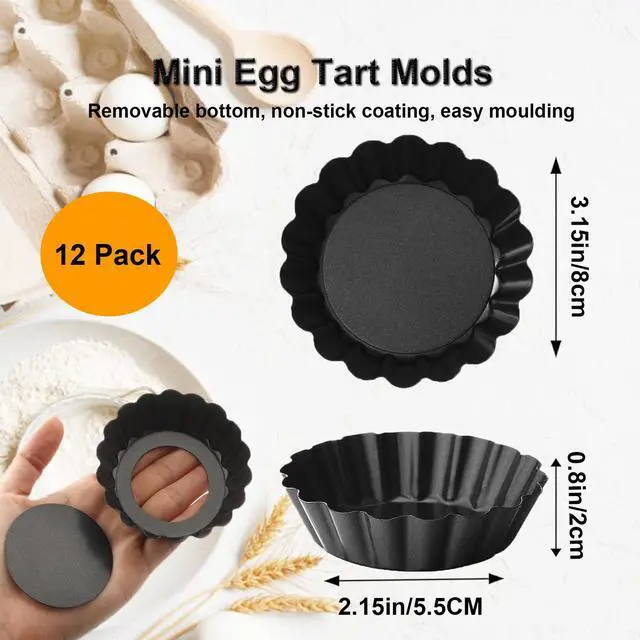 Alt view image 4 of 7 - 3 Inch Mini Quiche Pans 12 Pack, Round Egg Tart Molds with Removable Bottom. Small Tart Pans w/Non-Stick Coating Rugged Carbon Steel for Tartlets Shells Desert Making Christmas Festival Party