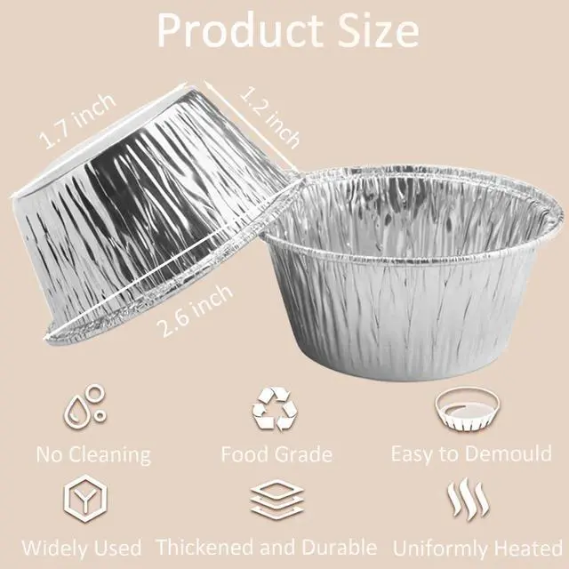 Alt view image 3 of 7 - 200 Pack Aluminum Foil Baking Cups 3 Oz, Disposable Ramekin Aluminum Cupcake liners, Silver Foil Baking Cups Muffin Liners for Cupcake, Baking, Egg Tart, Pudding, Creme Brulee