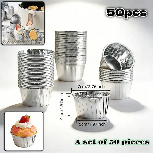 Alt view image 2 of 7 - Aluminum Foil Muffin Cups 50 Pack - Disposable Baking Cups No Pan Needed, Oven Safe (428°F) for Cupcakes Muffins Ramekins, 3.5oz Silver Party Baking Cups, Easy Release (Standard Size 2.76 Top)