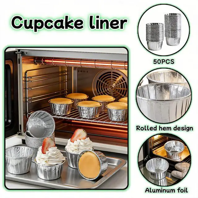 Alt view image 4 of 7 - Aluminum Foil Muffin Cups 50 Pack - Disposable Baking Cups No Pan Needed, Oven Safe (428°F) for Cupcakes Muffins Ramekins, 3.5oz Silver Party Baking Cups, Easy Release (Standard Size 2.76 Top)