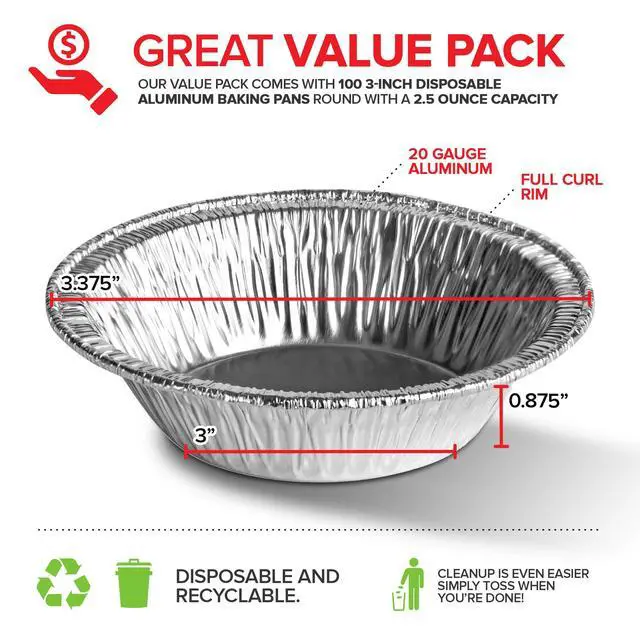 Alt view image 2 of 7 - 100 Count Aluminum Mini Pie Pans - 3 Inch Disposable Recyclable Foil Pie Tins for Bakeries, Cafes, Restaurants