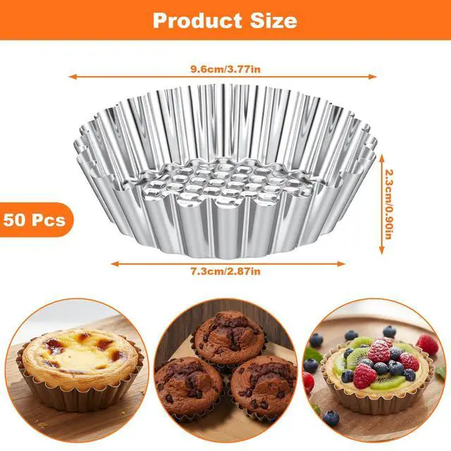 Alt view image 2 of 7 - 50 Pcs Egg Tart Mold for Baking, 3.8 Inch Stainless Steel Mini Tart Tin Pans Reusable Ensaymada Molder Filipino, Brioche Tins Mould for Tart Shells, Cupcakes, Mini Cake, Pudding, Muffin