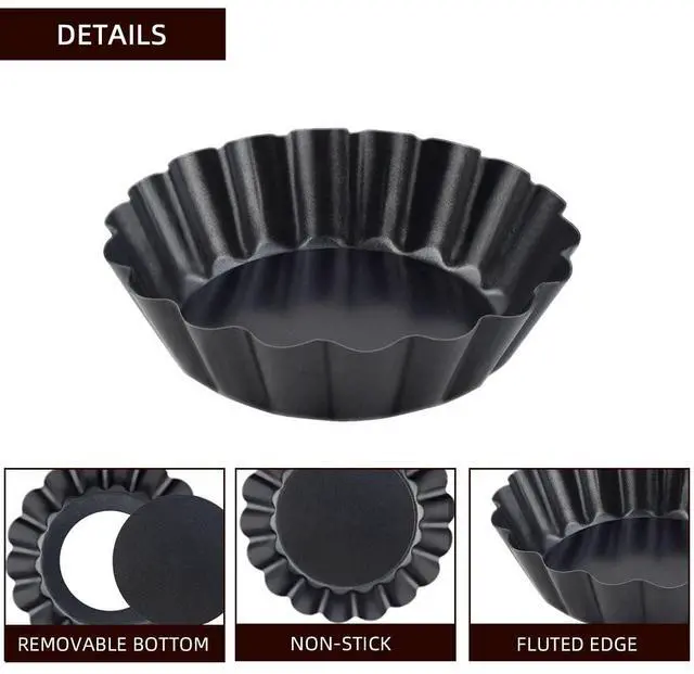 Alt view image 3 of 7 - 4 Pack Tart Pans Tortilla Pan Set Mini Tart Molds Carbon Steel Taco Shell for Baking 3 Inch Taco Salad Bowl Maker with Removable Bottom NonStick Tortilla Bowl Fluted Side for Quiche Cakes Pies (Black)
