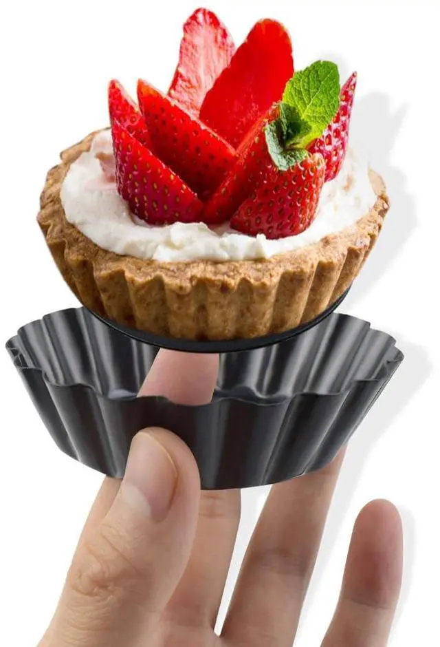 Alt view image 6 of 7 - 4 Pack Tart Pans Tortilla Pan Set Mini Tart Molds Carbon Steel Taco Shell for Baking 3 Inch Taco Salad Bowl Maker with Removable Bottom NonStick Tortilla Bowl Fluted Side for Quiche Cakes Pies (Black)