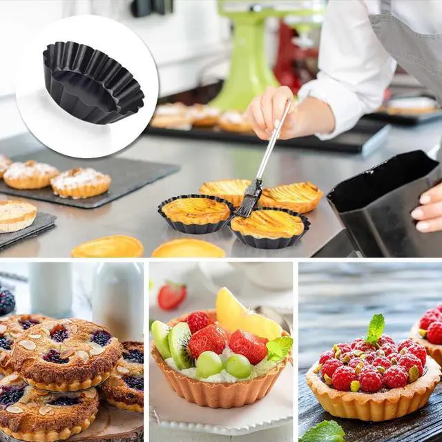 Alt view image 7 of 7 - 4 Pack Tart Pans Tortilla Pan Set Mini Tart Molds Carbon Steel Taco Shell for Baking 3 Inch Taco Salad Bowl Maker with Removable Bottom NonStick Tortilla Bowl Fluted Side for Quiche Cakes Pies (Black)