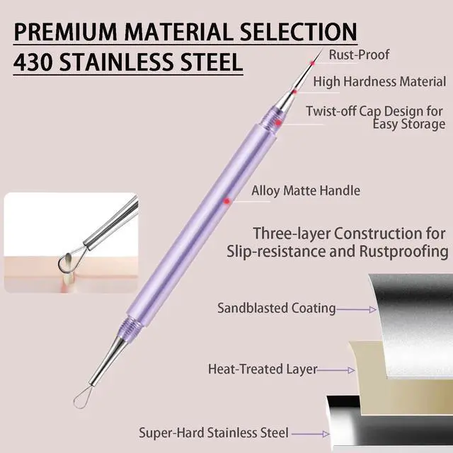 Alt view image 4 of 7 - 2-in-1 Professional Stainless Steel Acne Removal Needle, Whitehead&Blackhead Remover Tool, Pimples Comedone Extractor Removal Tool, Double Ended Needle with Cap Removal for Nose Face Tools(Rose Gold)