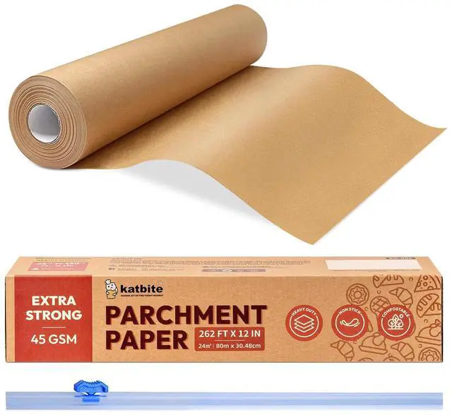 Main image of Unbleached Parchment Paper Roll for Baking 12in x 262ft, 260 Sq.Ft, Heavy Duty & Non-stick Baking Paper with Slide Cutter, Brown Parchment Paper for Cooking, Air Fryer, Steaming, Bread