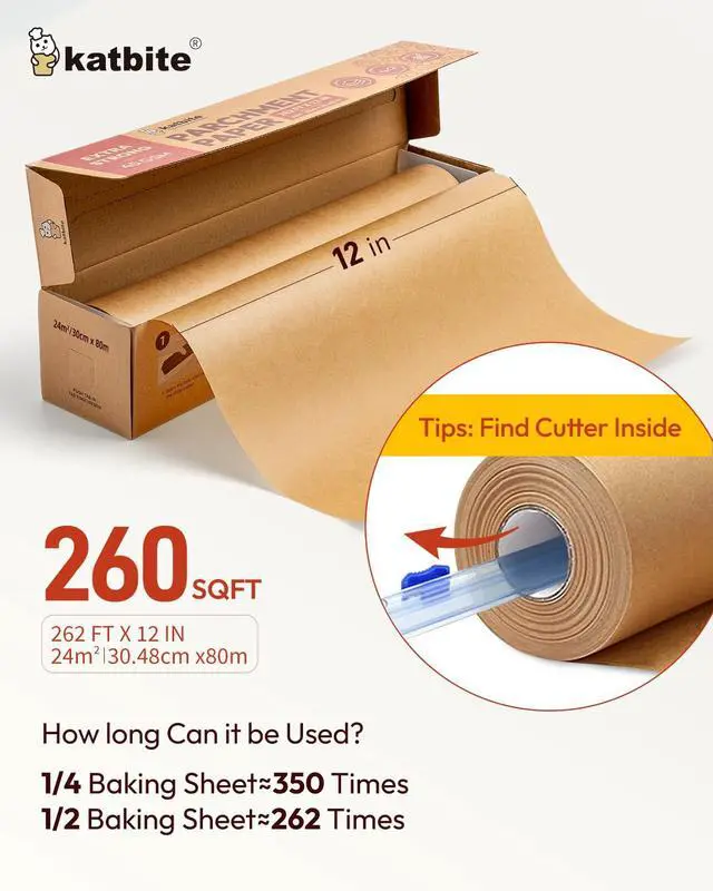 Alt view image 2 of 7 - Unbleached Parchment Paper Roll for Baking 12in x 262ft, 260 Sq.Ft, Heavy Duty & Non-stick Baking Paper with Slide Cutter, Brown Parchment Paper for Cooking, Air Fryer, Steaming, Bread
