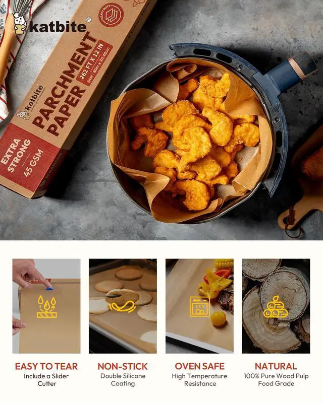 Alt view image 6 of 7 - Unbleached Parchment Paper Roll for Baking 12in x 262ft, 260 Sq.Ft, Heavy Duty & Non-stick Baking Paper with Slide Cutter, Brown Parchment Paper for Cooking, Air Fryer, Steaming, Bread