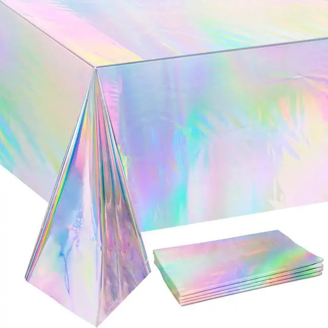 Main image of 4 Pack Iridescence Plastic Tablecloths Disposable Galentines Day Decorations New Years Birthday Disco Bachelorette Bridal Wedding Rainbow Iridescent Party Decorations 54" x 108"