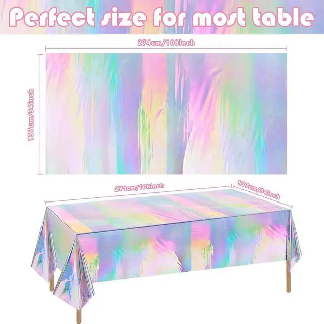 Alt view image 2 of 7 - 4 Pack Iridescence Plastic Tablecloths Disposable Galentines Day Decorations New Years Birthday Disco Bachelorette Bridal Wedding Rainbow Iridescent Party Decorations 54" x 108"