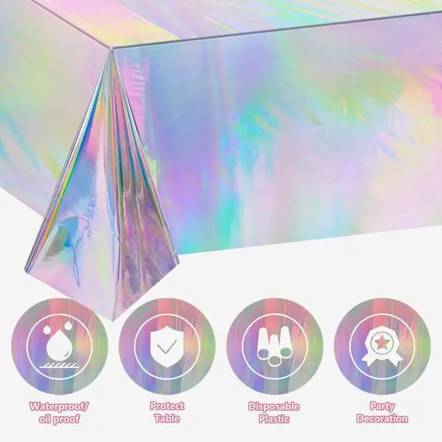 Alt view image 3 of 7 - 4 Pack Iridescence Plastic Tablecloths Disposable Galentines Day Decorations New Years Birthday Disco Bachelorette Bridal Wedding Rainbow Iridescent Party Decorations 54" x 108"
