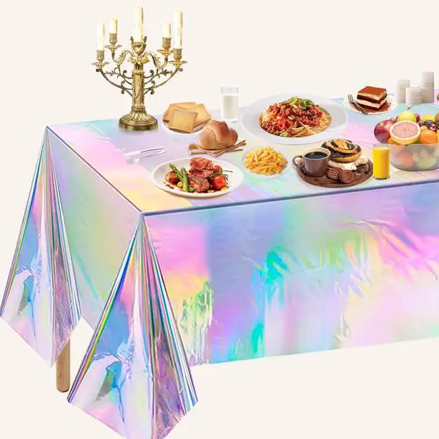 Alt view image 5 of 7 - 4 Pack Iridescence Plastic Tablecloths Disposable Galentines Day Decorations New Years Birthday Disco Bachelorette Bridal Wedding Rainbow Iridescent Party Decorations 54" x 108"