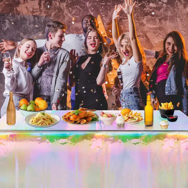Alt view image 7 of 7 - 4 Pack Iridescence Plastic Tablecloths Disposable Galentines Day Decorations New Years Birthday Disco Bachelorette Bridal Wedding Rainbow Iridescent Party Decorations 54" x 108"