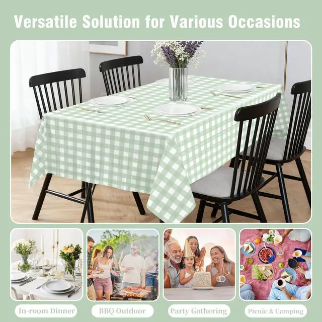 Alt view image 4 of 7 - 3 Pack Sage Green Gingham Tablecloth 54 x 108 Inches, Rectangle Disposable Sage Green Checkered Tablecloth, Picnic Table Cover for Outdoor, Camping, Birthday Decorations