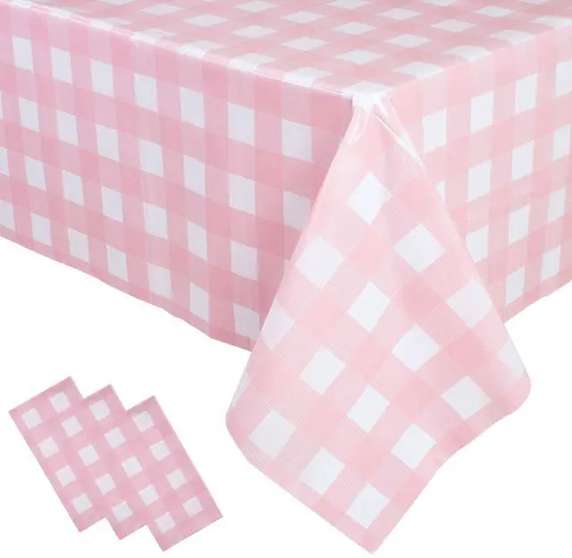 Main image of 3 Packs Pink Gingham Tablecloth 54 x 108 Inches Pink and White Checkered Disposable Plastic Waterproof Picnic Table Cover for Camping and Birthday Party Supplies