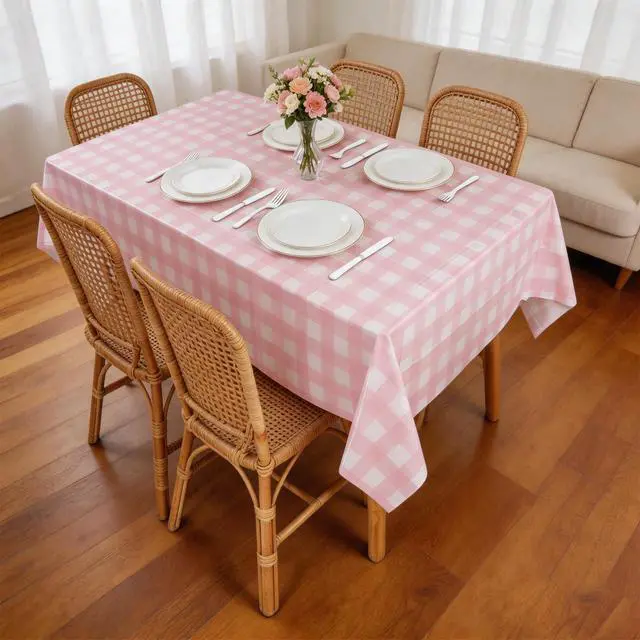 Alt view image 2 of 7 - 3 Packs Pink Gingham Tablecloth 54 x 108 Inches Pink and White Checkered Disposable Plastic Waterproof Picnic Table Cover for Camping and Birthday Party Supplies