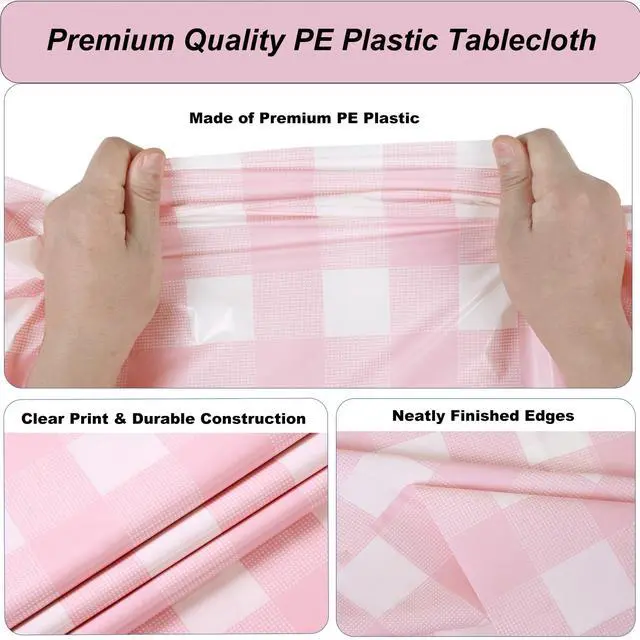 Alt view image 5 of 7 - 3 Packs Pink Gingham Tablecloth 54 x 108 Inches Pink and White Checkered Disposable Plastic Waterproof Picnic Table Cover for Camping and Birthday Party Supplies