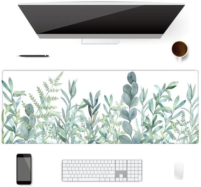Main image of XXL Waterproof Office Desk Pad Protector 31.5x11.8 Inch - Extended Gaming Mouse Pad with Non-Slip Rubber Base, Thickened Keyboard Mat, Stitched Edges & Green Plants Design