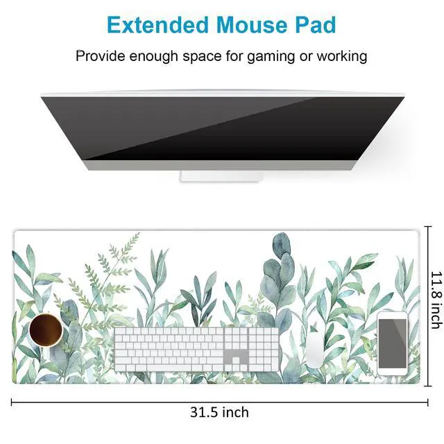 Alt view image 3 of 7 - XXL Waterproof Office Desk Pad Protector 31.5x11.8 Inch - Extended Gaming Mouse Pad with Non-Slip Rubber Base, Thickened Keyboard Mat, Stitched Edges & Green Plants Design