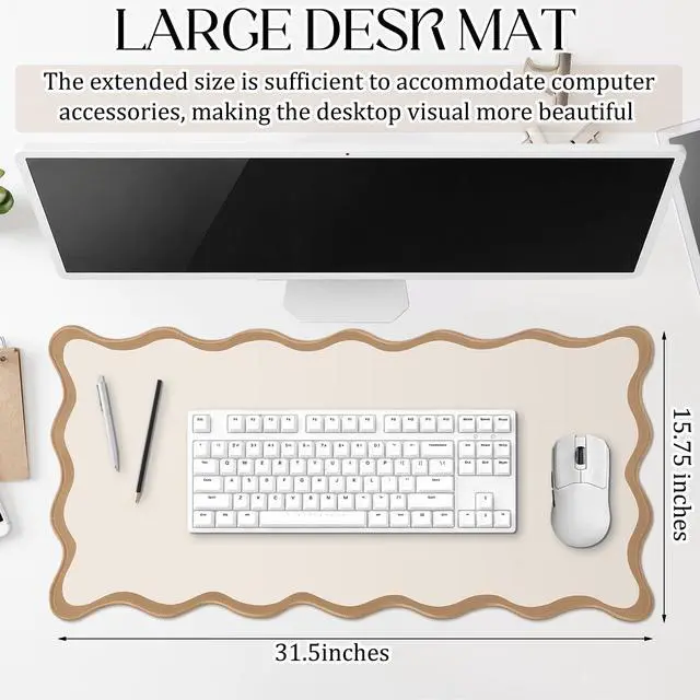 Alt view image 2 of 7 - Scalloped Desk Mat Large Desk Pad Cute Coquette Table Mat Back to School Preppy Table Make up Pad Nonslip Graduation Gift with Stitching Waterproof Gaming(Beige,31.5 x 15.8 Inches)