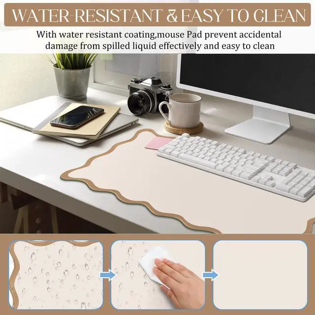 Alt view image 4 of 7 - Scalloped Desk Mat Large Desk Pad Cute Coquette Table Mat Back to School Preppy Table Make up Pad Nonslip Graduation Gift with Stitching Waterproof Gaming(Beige,31.5 x 15.8 Inches)