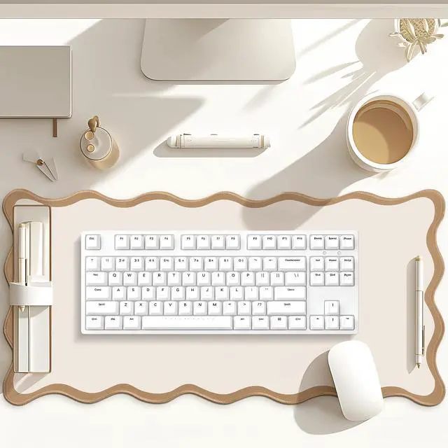 Alt view image 6 of 7 - Scalloped Desk Mat Large Desk Pad Cute Coquette Table Mat Back to School Preppy Table Make up Pad Nonslip Graduation Gift with Stitching Waterproof Gaming(Beige,31.5 x 15.8 Inches)