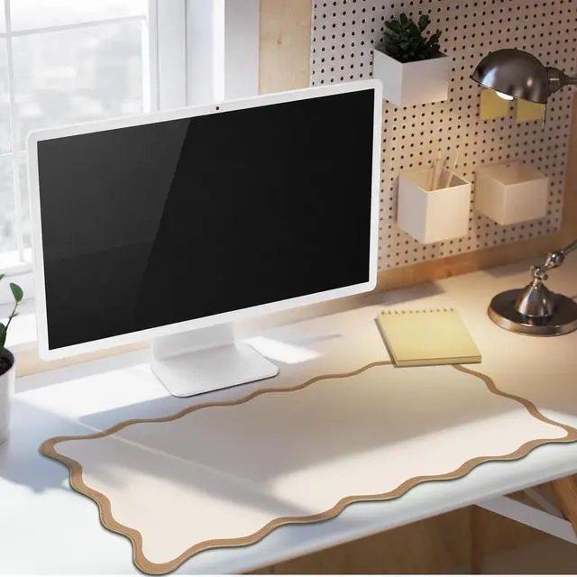 Alt view image 7 of 7 - Scalloped Desk Mat Large Desk Pad Cute Coquette Table Mat Back to School Preppy Table Make up Pad Nonslip Graduation Gift with Stitching Waterproof Gaming(Beige,31.5 x 15.8 Inches)