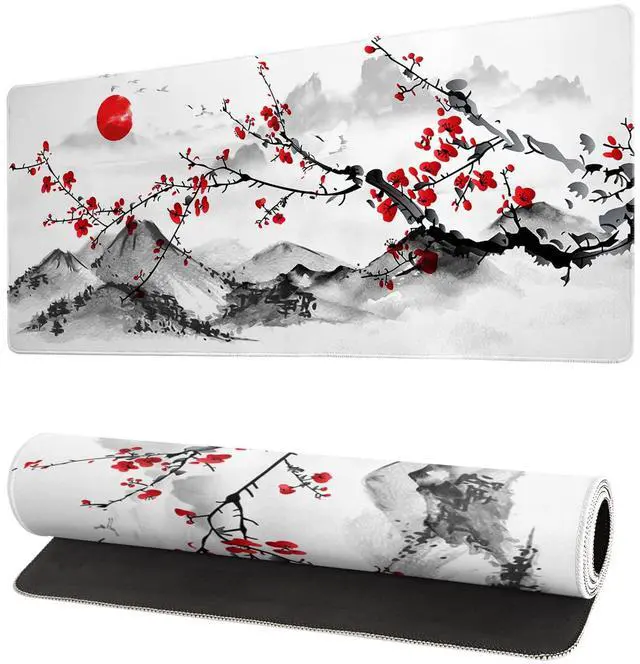 Main image of Japanese Cherry Blossom Gaming Mouse Pad 27.6x11.8 Inch Pink Full Desk Sakura Large Non-Slip Rubber Base Waterproof Big Keyboard Mat With Stitched Edges for Office