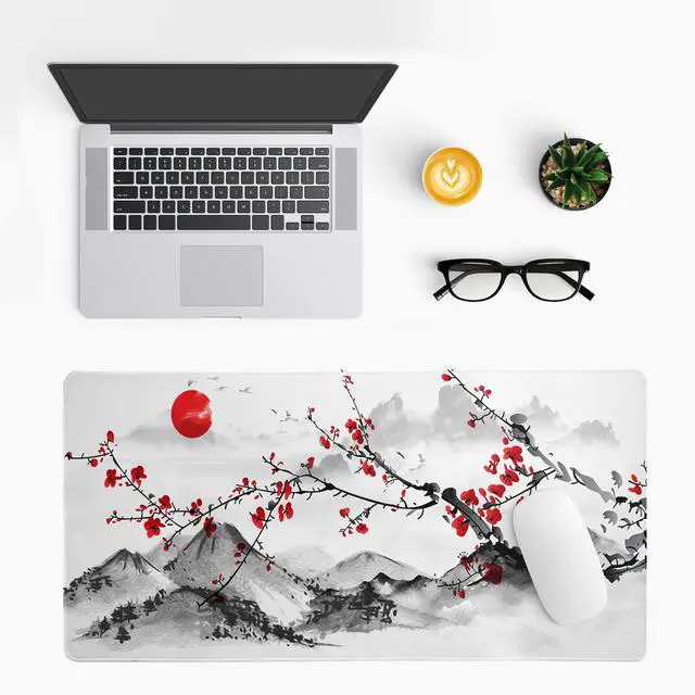 Alt view image 2 of 7 - Japanese Cherry Blossom Gaming Mouse Pad 27.6x11.8 Inch Pink Full Desk Sakura Large Non-Slip Rubber Base Waterproof Big Keyboard Mat With Stitched Edges for Office