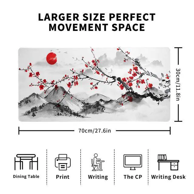Alt view image 5 of 7 - Japanese Cherry Blossom Gaming Mouse Pad 27.6x11.8 Inch Pink Full Desk Sakura Large Non-Slip Rubber Base Waterproof Big Keyboard Mat With Stitched Edges for Office