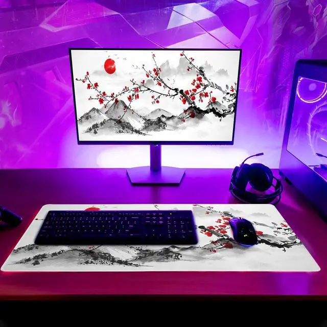 Alt view image 3 of 7 - Japanese Cherry Blossom Gaming Mouse Pad 27.6x11.8 Inch Pink Full Desk Sakura Large Non-Slip Rubber Base Waterproof Big Keyboard Mat With Stitched Edges for Office
