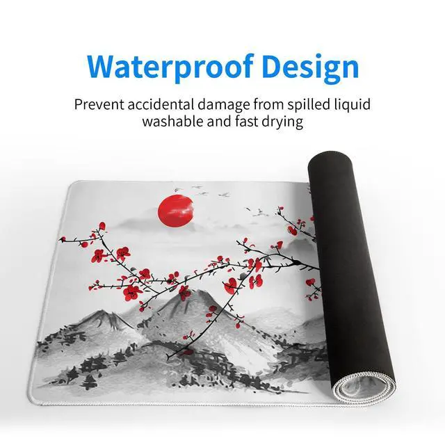 Alt view image 4 of 7 - Japanese Cherry Blossom Gaming Mouse Pad 27.6x11.8 Inch Pink Full Desk Sakura Large Non-Slip Rubber Base Waterproof Big Keyboard Mat With Stitched Edges for Office
