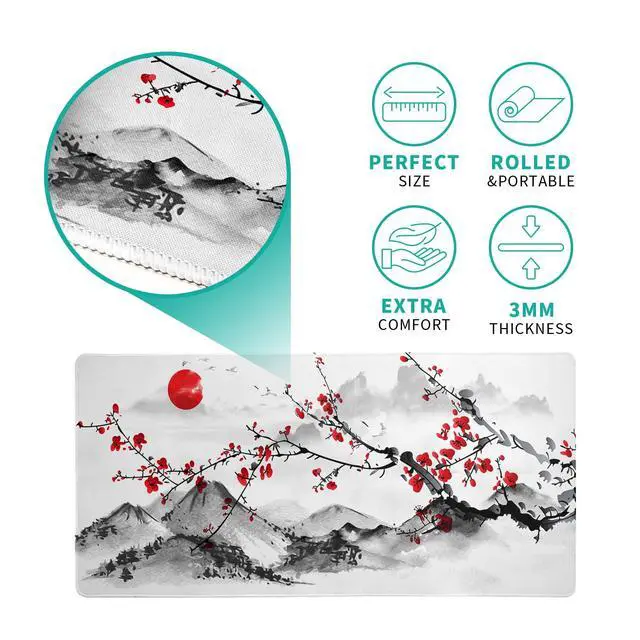Alt view image 6 of 7 - Japanese Cherry Blossom Gaming Mouse Pad 27.6x11.8 Inch Pink Full Desk Sakura Large Non-Slip Rubber Base Waterproof Big Keyboard Mat With Stitched Edges for Office
