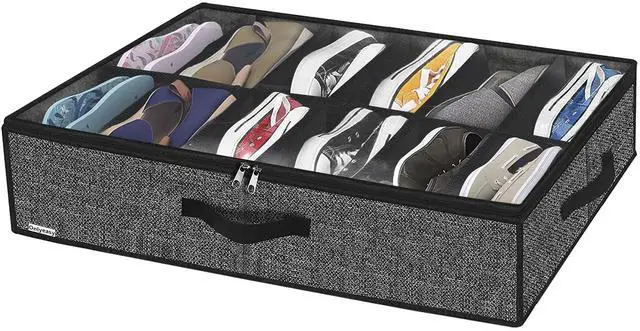 Main image of Under Bed Shoe Storage Organizer with Sturdy Handles and Clear Window 1 Pack Fits 12 Pairs, Premium Foldable Underbed Shoes Container Box for Closet, Linen-like Black, MXAUBSB1P