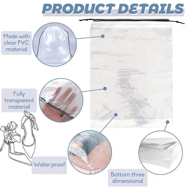Alt view image 3 of 7 - 50 Pcs Shoe Bags for Travel,Large Transparent Travel Shoe Bags for Packing,Clear Plastic Drawstring Bags Shoe Dust Bags,Portable Shoes Organizers Pouch with Rope for Men and Women